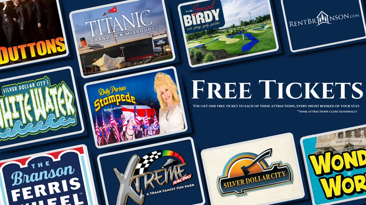 This interior scene features various attraction logos and the prominent phrase 'FREE TICKETS,' set in a lively, family-focused context that evokes excitement about local entertainment and excursions. The vibrant visuals immediately communicate the added value of access to attractions.